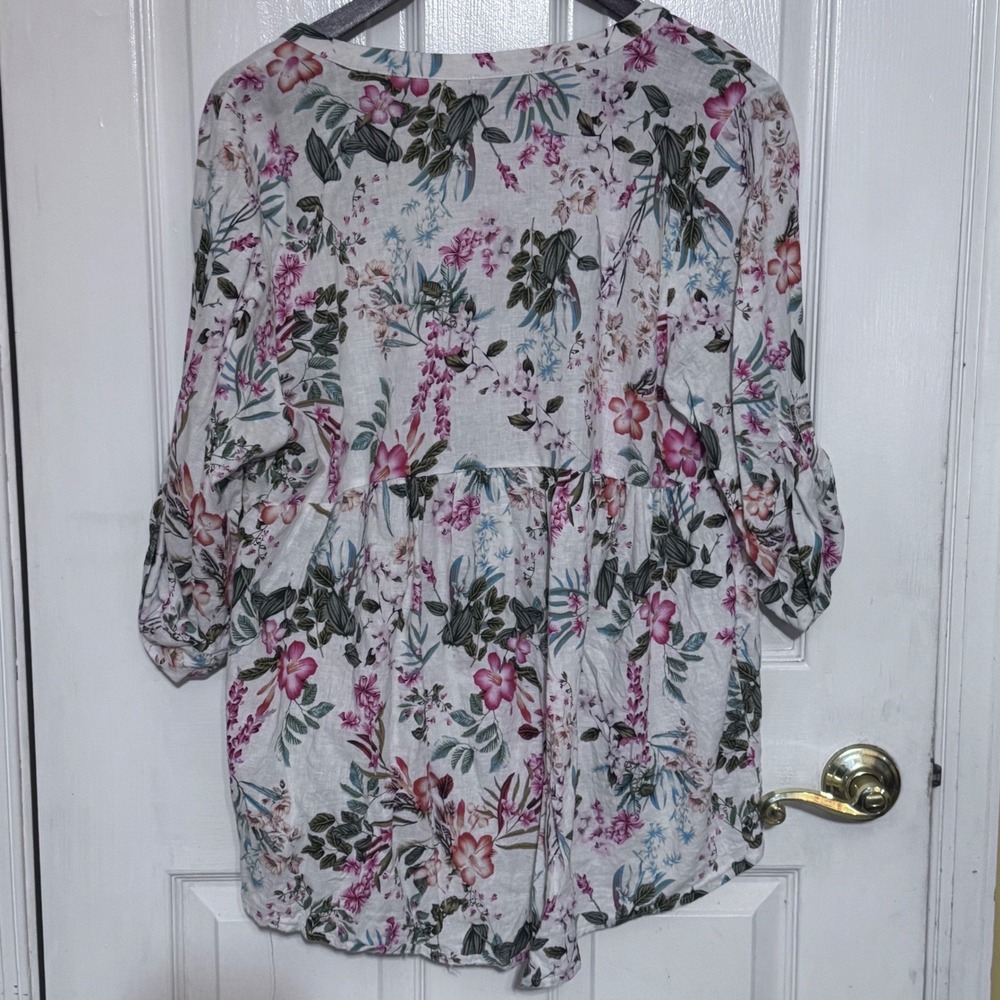 Saint Tropez West Floral Linen Blend Babydoll Top 1X Pink White Roll Tab Sleeve‎ - Picture 8 of 14